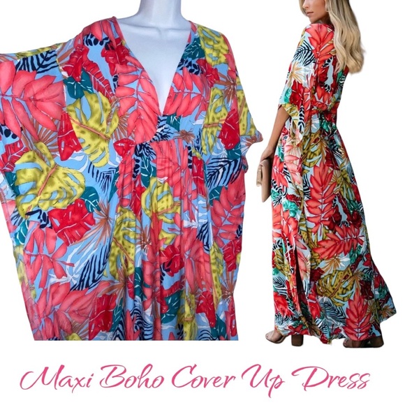 Other - ✨NEW ✨ Boho Maxi Tropical Floral Colorful Caftan Beach Swim Cover Up Dress OS